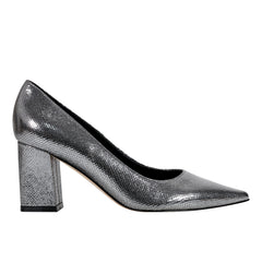 Zala Block Heel Pointy Toe Pump - Pewter Leather