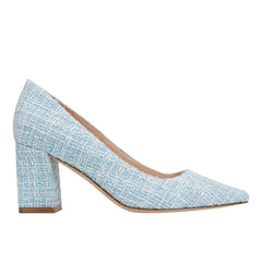 Zala Block Heel Pointy Toe Pump - Blue Boucle