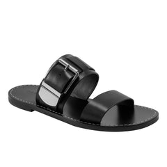 Hallyn Flat Slide Sandal - Black Leather