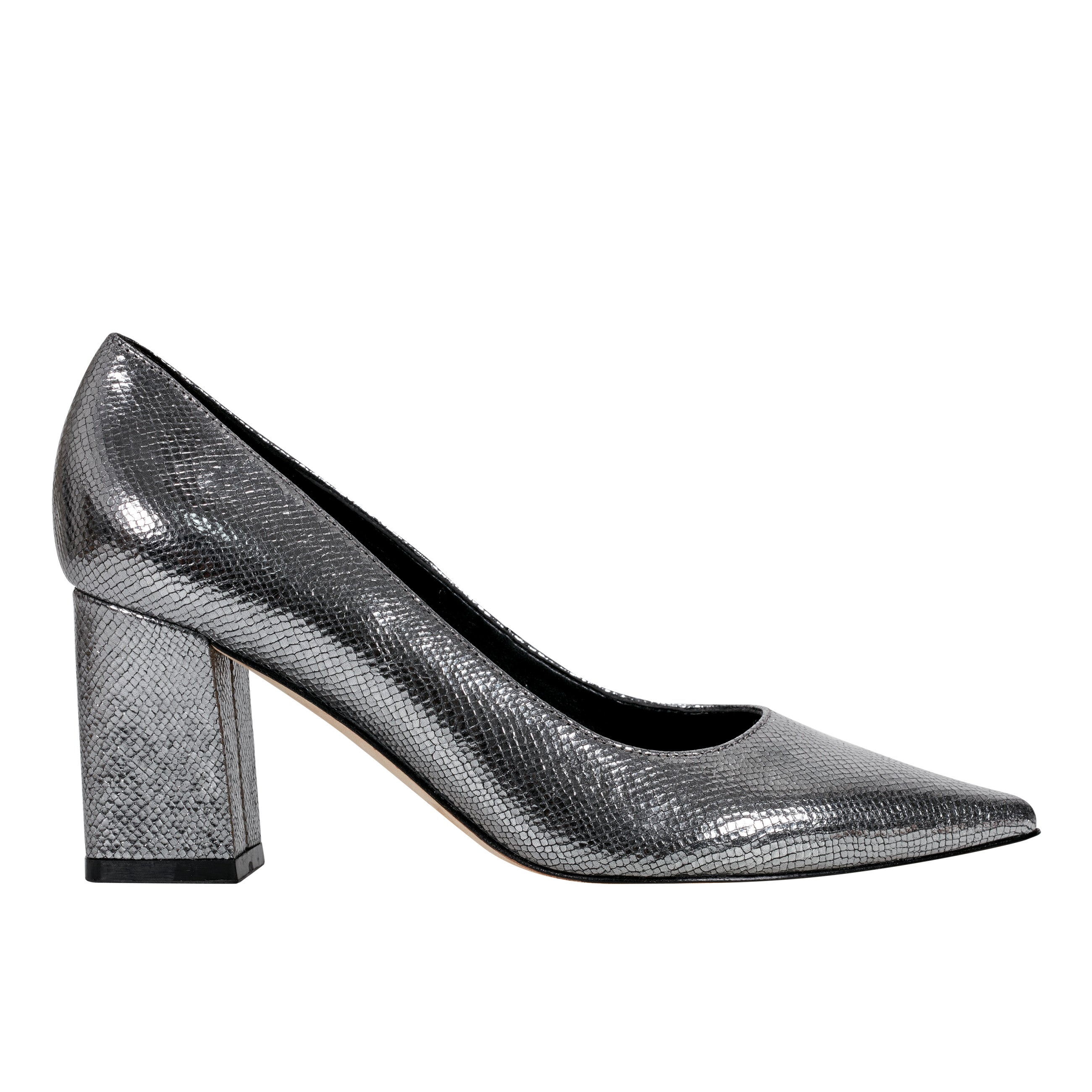 Zala Block Heel Pointy Toe Pump - Pewter Leather