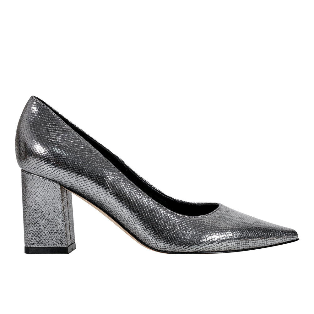 Zala Block Heel Pointy Toe Pump - Pewter Leather