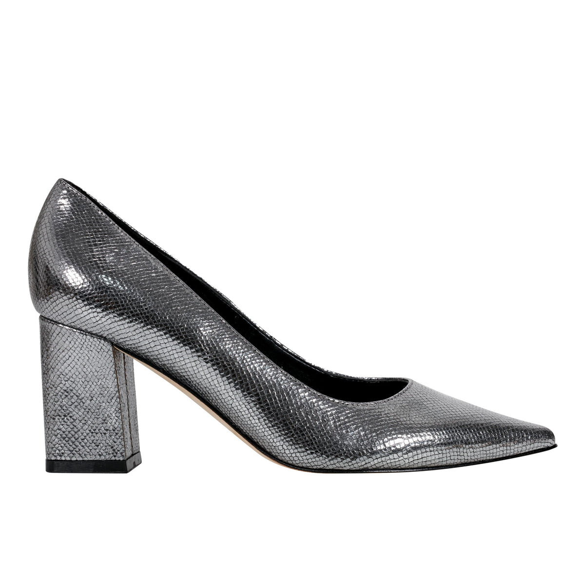 Zala Block Heel Pointy Toe Pump - Pewter Leather