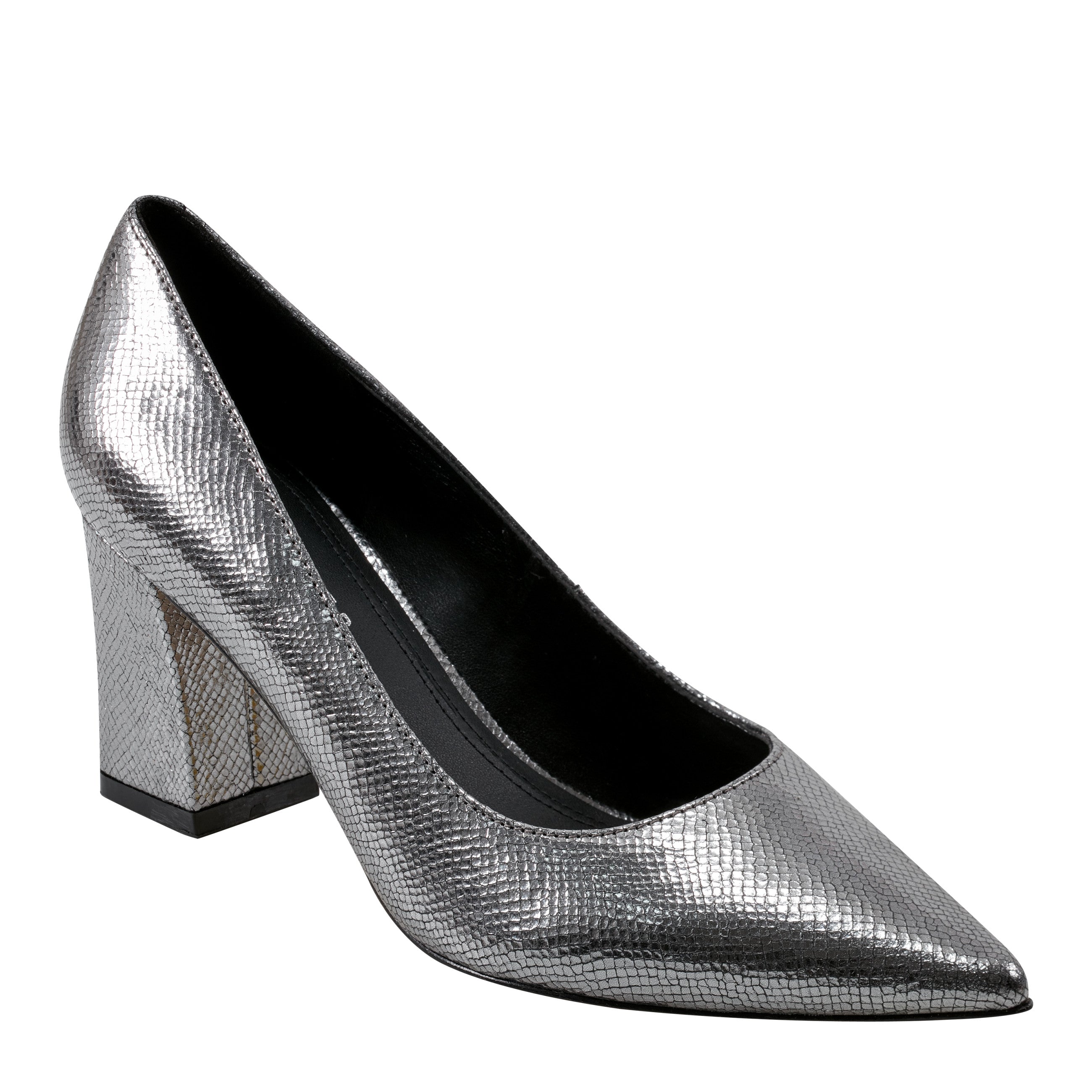Zala Block Heel Pointy Toe Pump - Pewter Leather