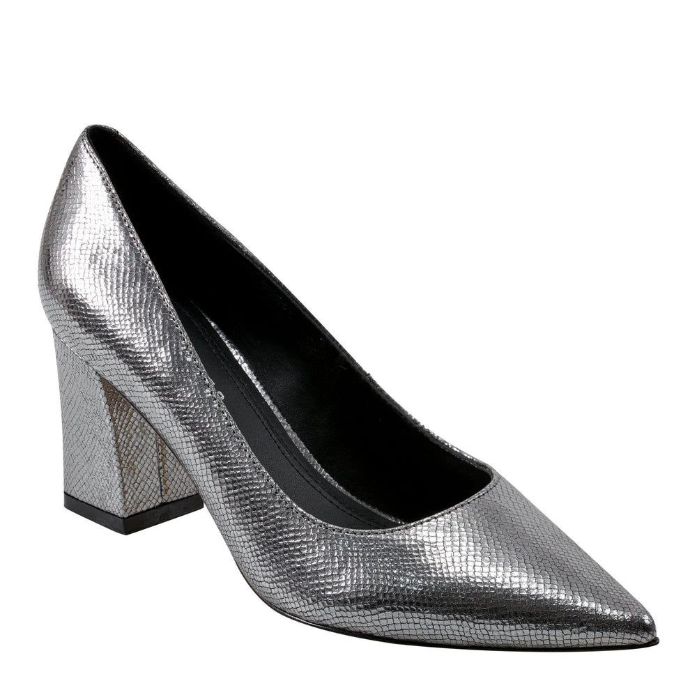 Zala Block Heel Pointy Toe Pump - Pewter Leather