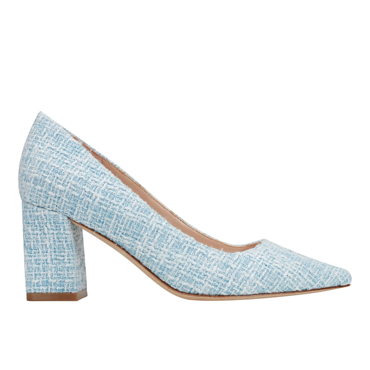 Zala Block Heel Pointy Toe Pump - Blue Boucle