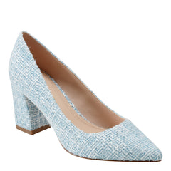 Zala Block Heel Pointy Toe Pump - Blue Boucle