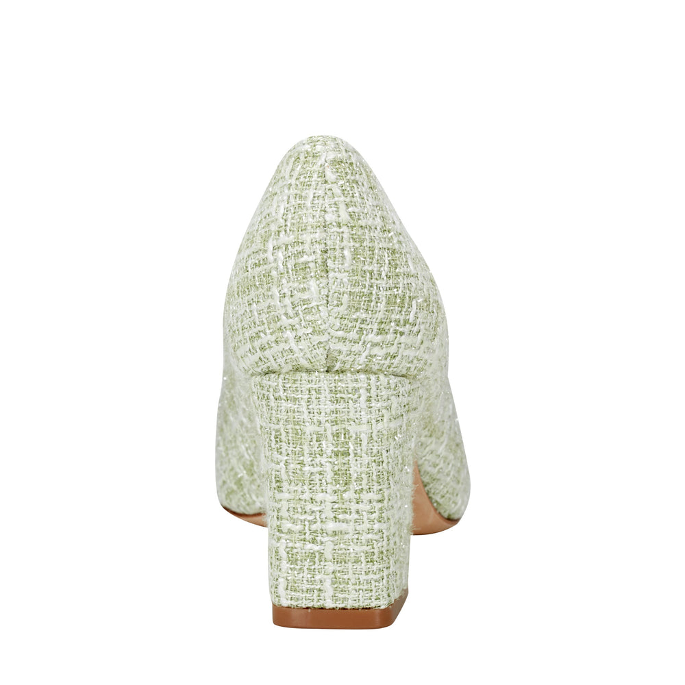 Zala Block Heel Pointy Toe Pump - Green Boucle