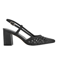 Zunnie Block Heel Woven Slingback Pump - Black Leather