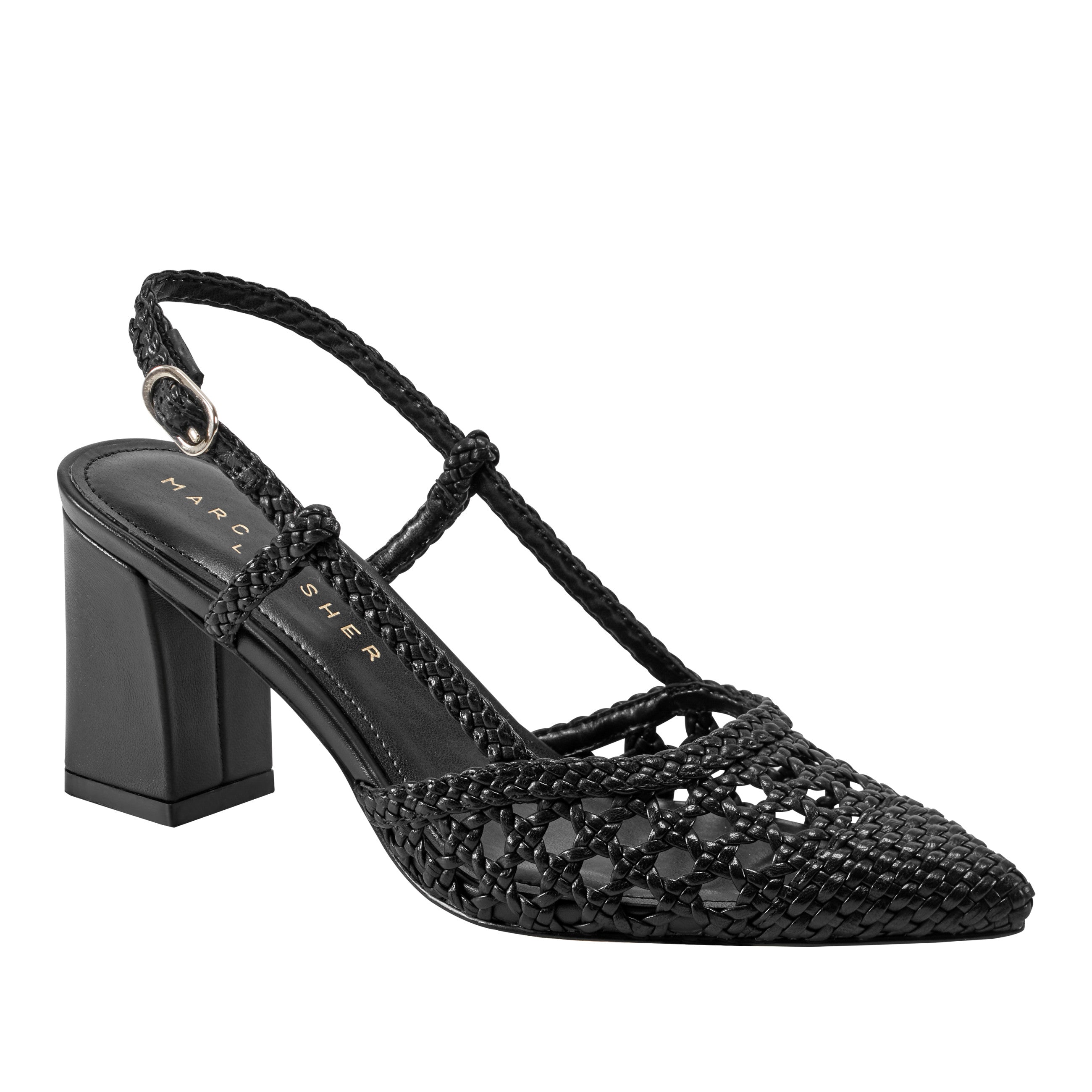 Zunnie Block Heel Woven Slingback Pump - Black Leather