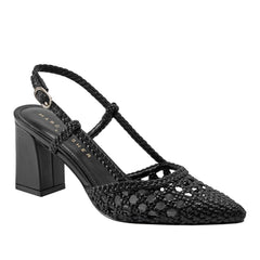 Zunnie Block Heel Woven Slingback Pump - Black Leather