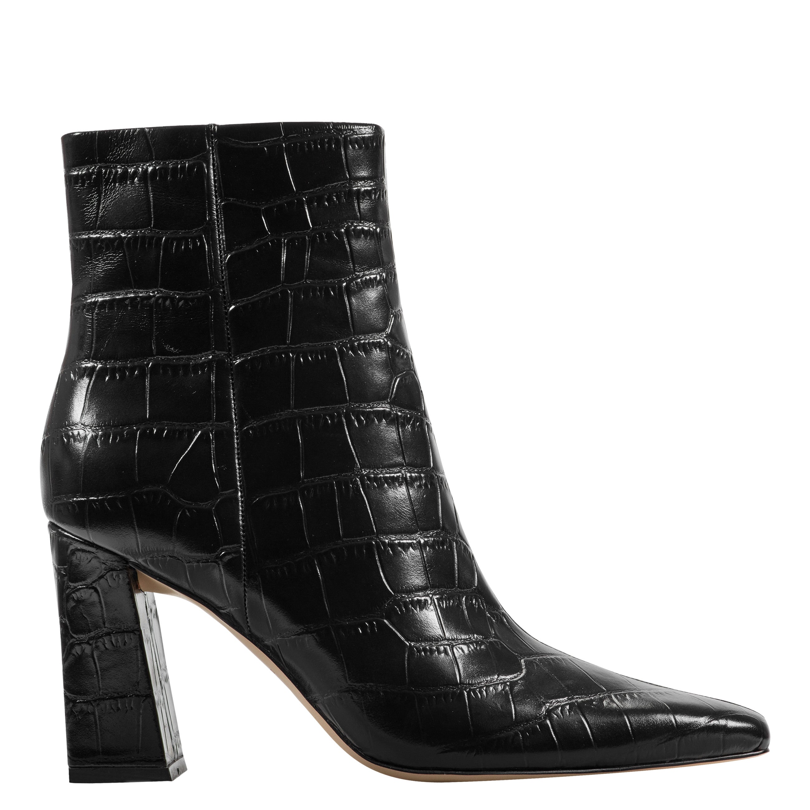 Novella Block Heel Ankle Bootie - Embossed Black Croco Leather
